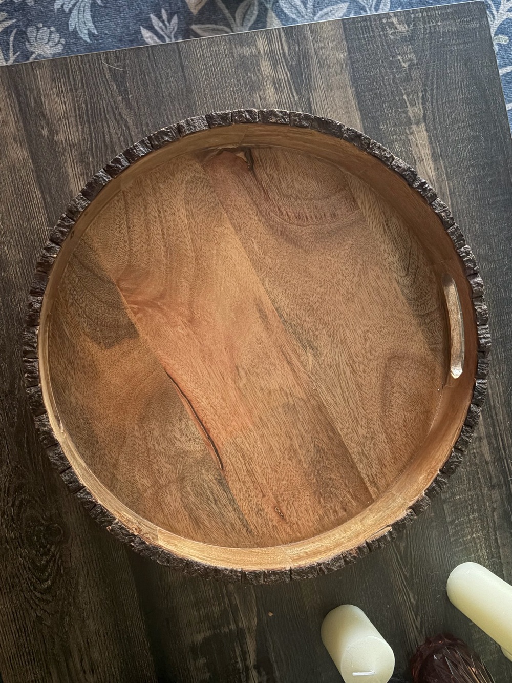 Round Natural Wood Bark-Edge Serving Tray